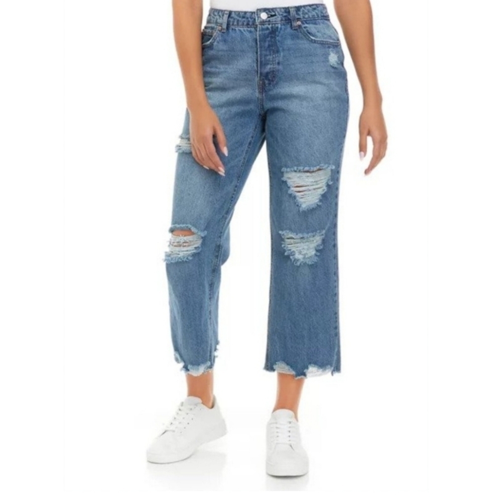 Vanilla Star Relaxted Straight Button Fly Distressed Crop Jeans Pants